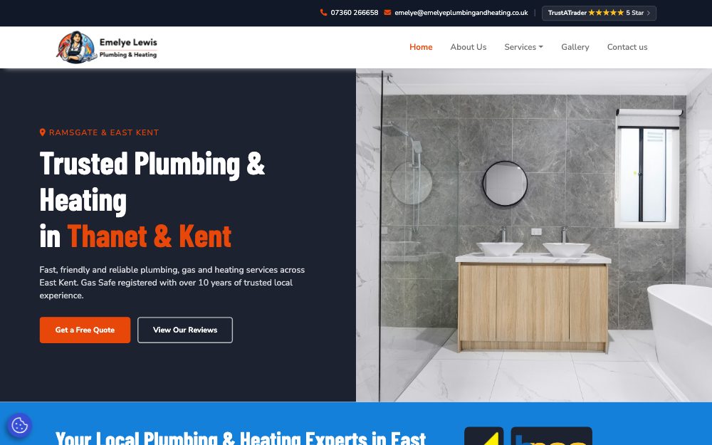 Emelye Lewis Plumbing & Heating homepage, built by Codex Web Development