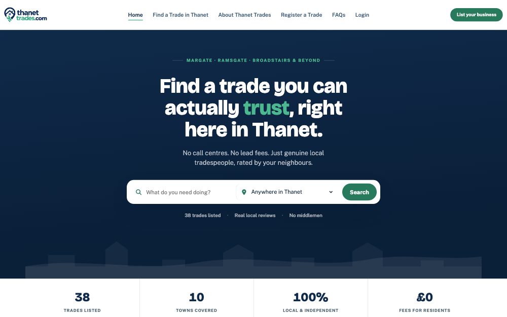 Thanet Trades homepage, built by Codex Web Development